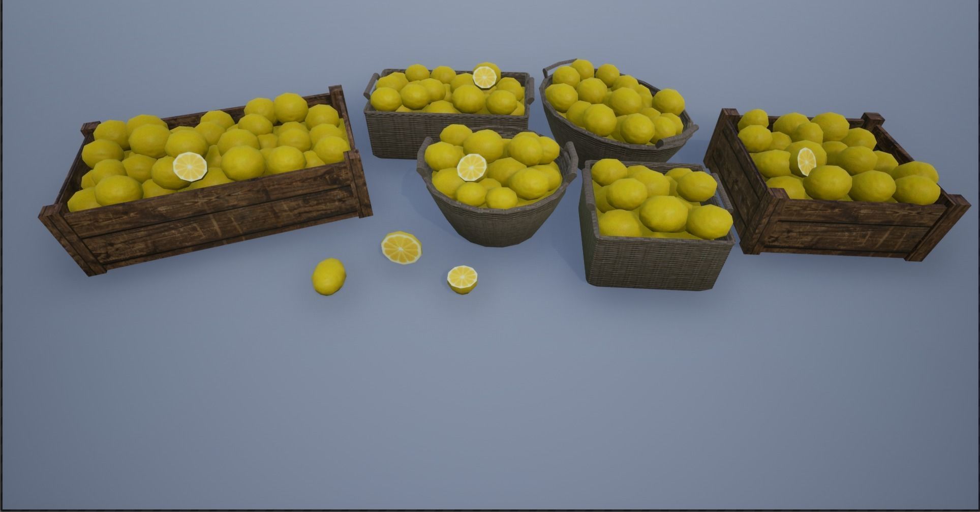 Lowpoly Crate and Baskets of Harvested Lemon Low-poly 3D model_7