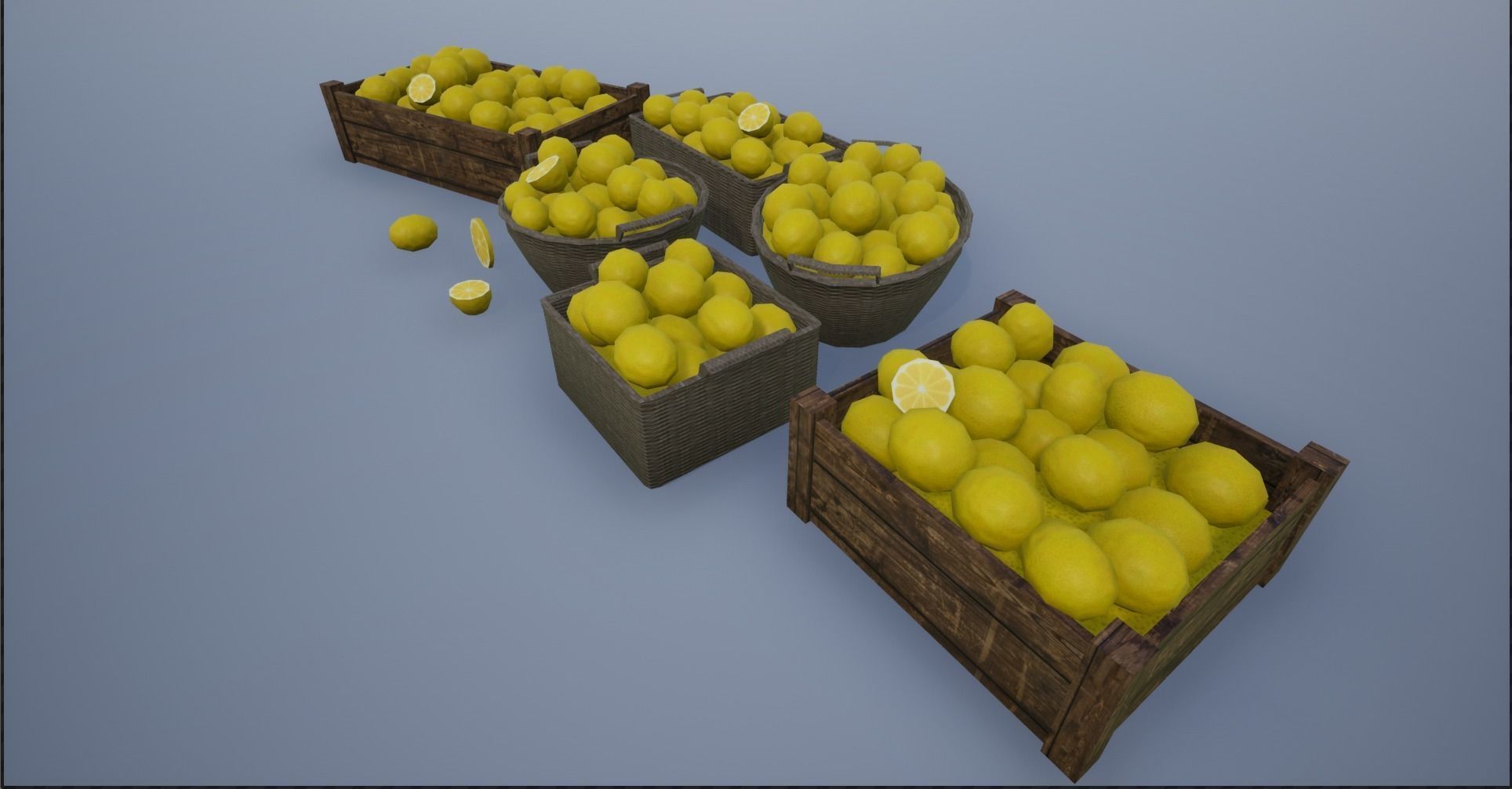 Lowpoly Crate and Baskets of Harvested Lemon Low-poly 3D model_6