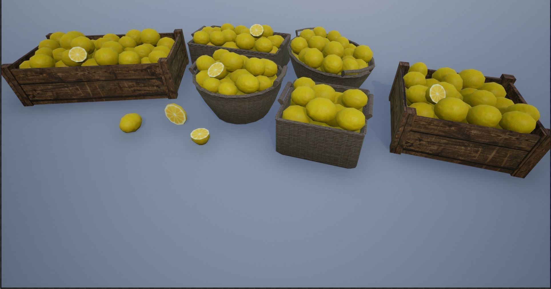 Lowpoly Crate and Baskets of Harvested Lemon Low-poly 3D model_4