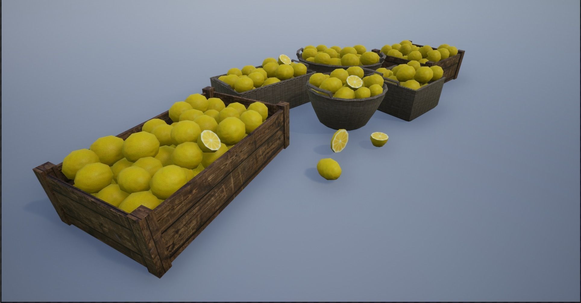 Lowpoly Crate and Baskets of Harvested Lemon Low-poly 3D model_5