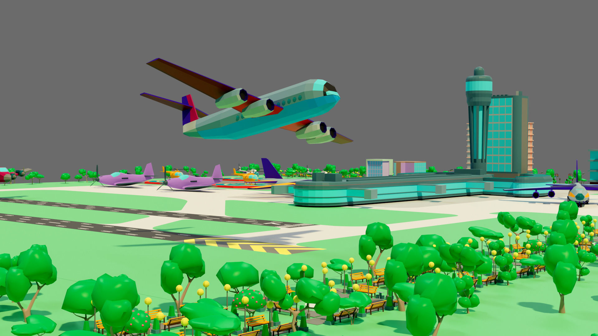 Cartoon airport Low-poly 3D model_1
