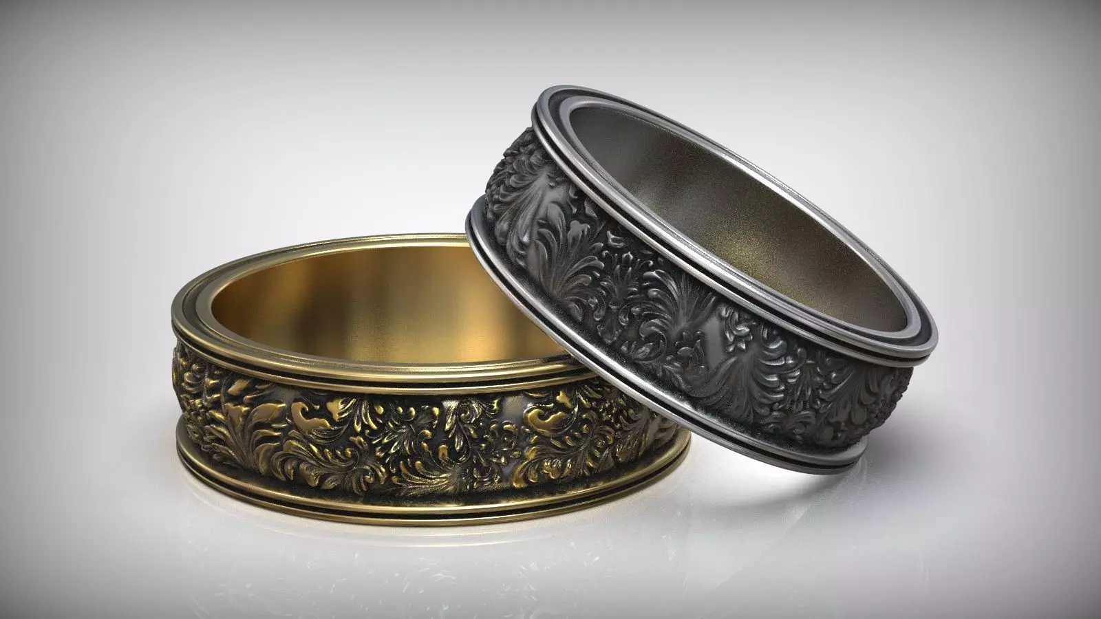 Rococo Ornate Carved Wedding Rings 3D print model