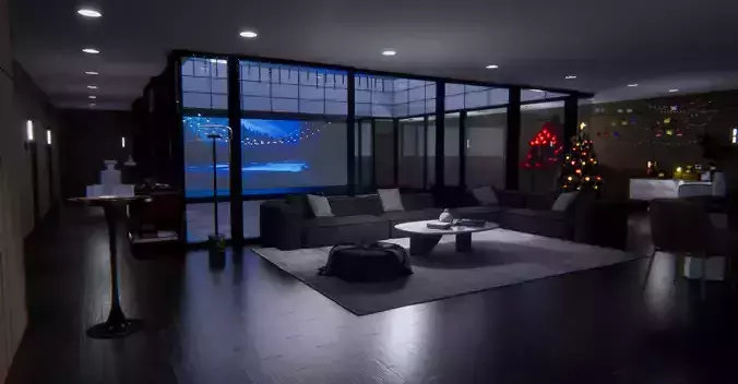 villa living room with furniture and lights