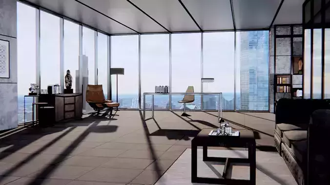 office modern living room with floor to ceiling windows