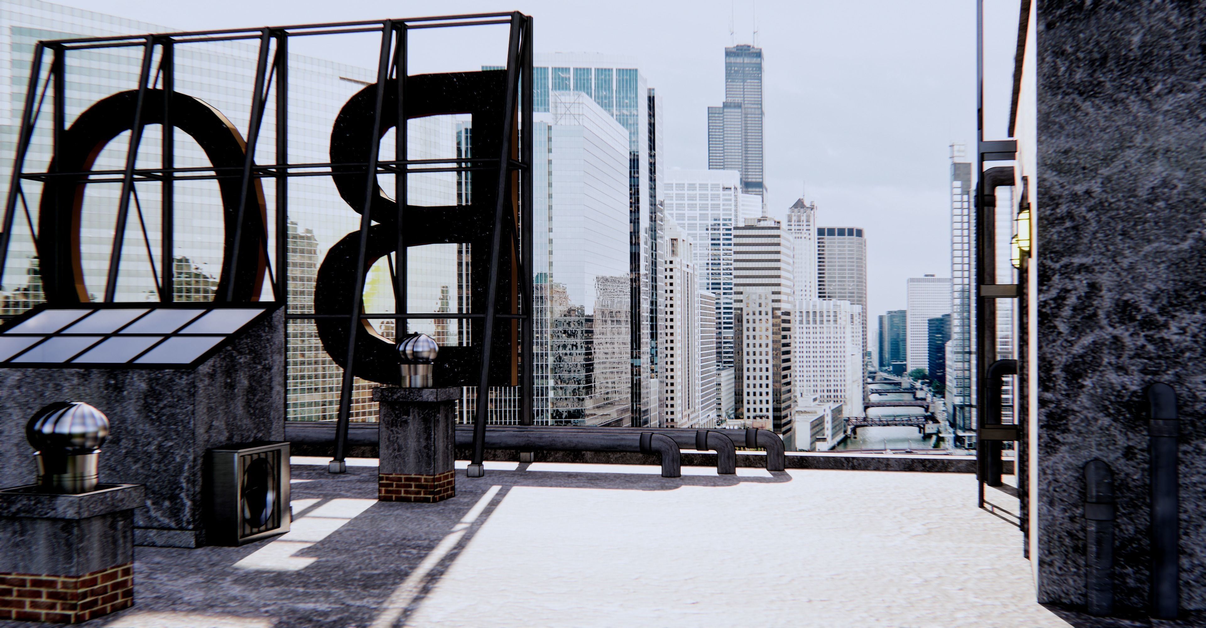 rooftop with sign that says boo 3D model_2