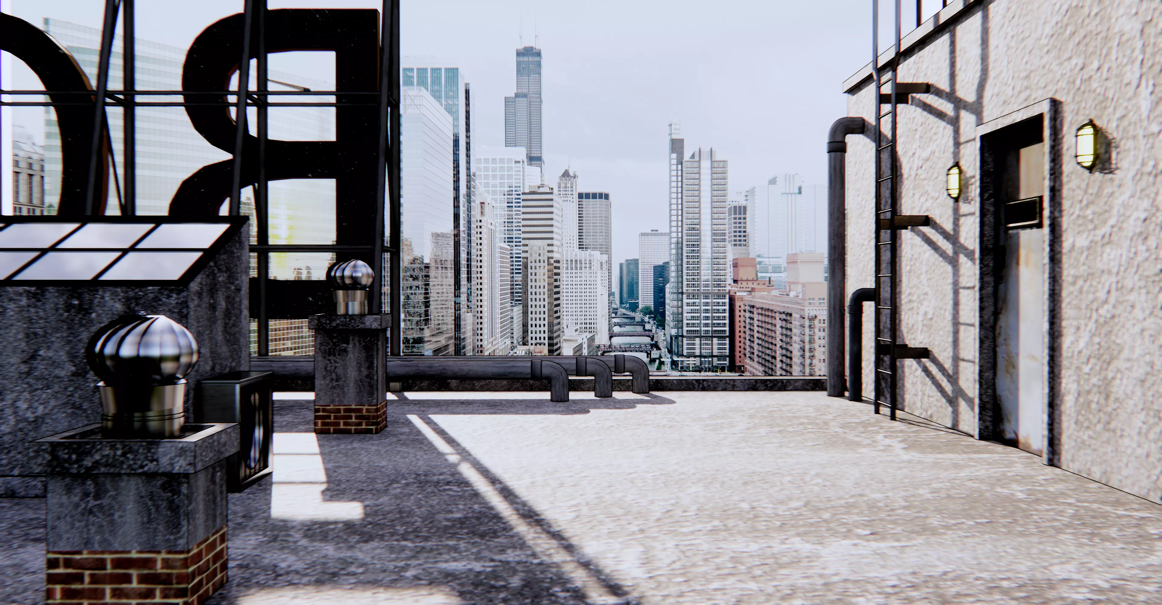 rooftop with sign that says boo 3D model_0