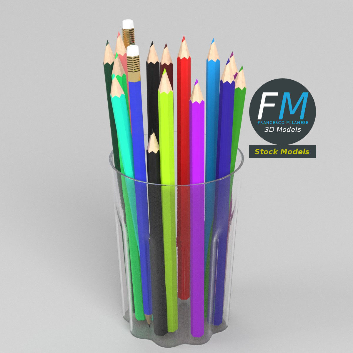 Coloured pencils in a glass 3D model_2