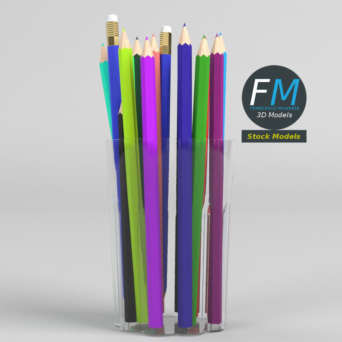 Coloured pencils in a glass 3D model_3