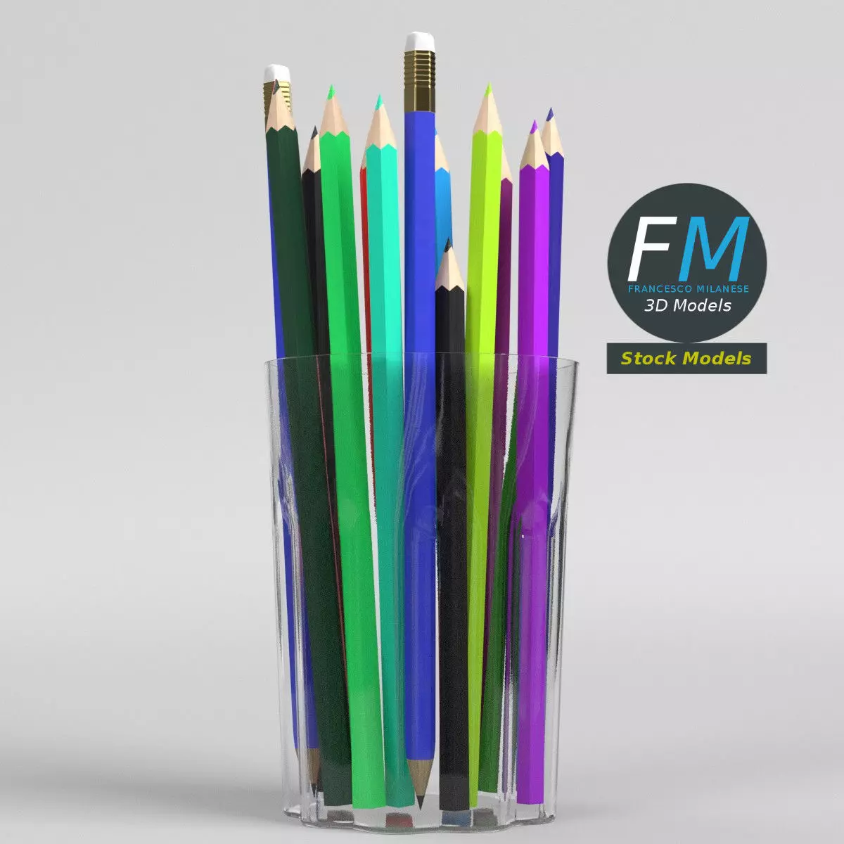 Coloured pencils in a glass 3D model_0