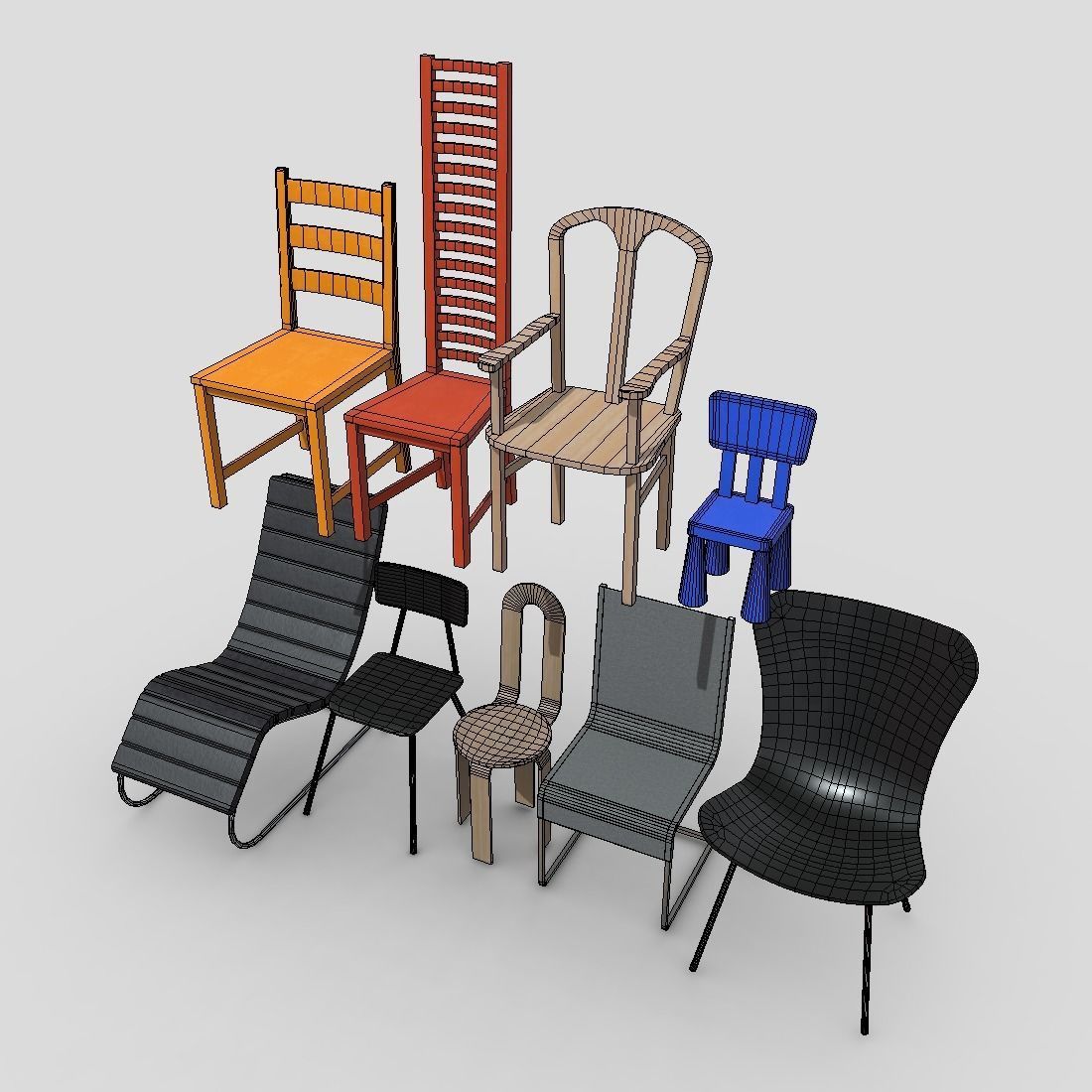 Chair Pack Low-poly 3D model_5