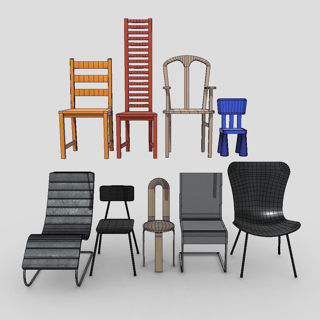 Chair Pack Low-poly 3D model_3
