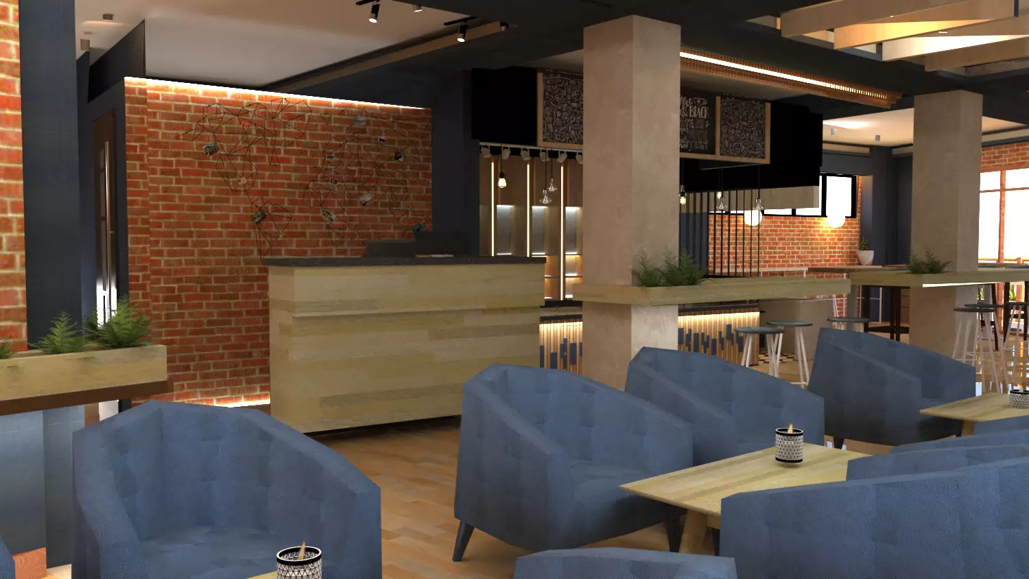 restaurant with chairs and brick walls Free 3D model