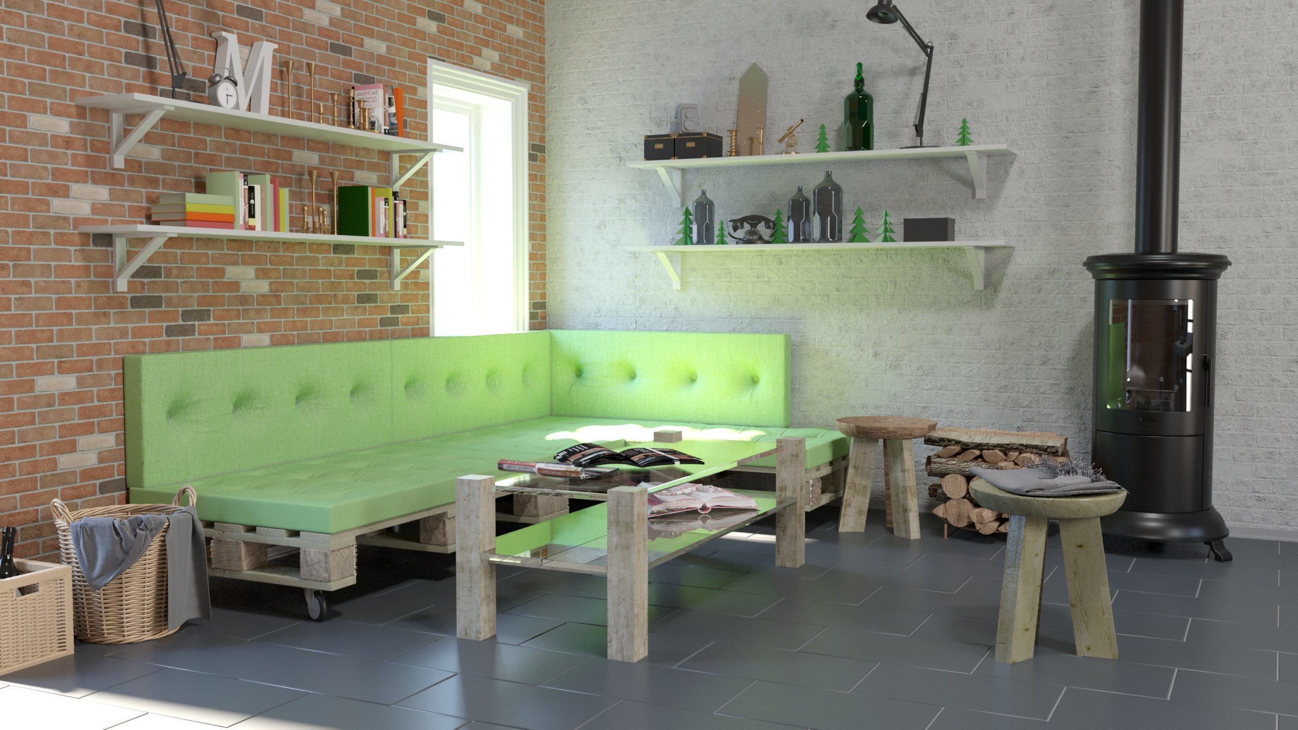 Loft Furnitures from pallets with lamp 3D model_3