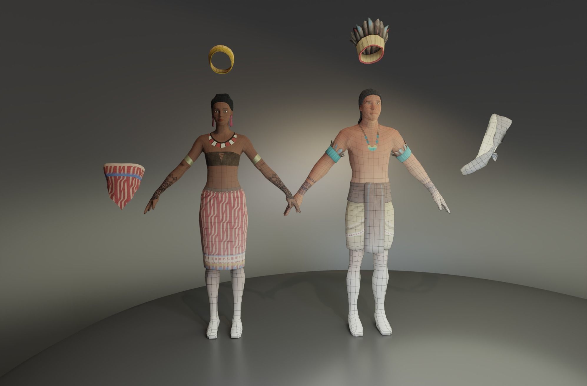 Tribal Man and Woman Low-poly 3D model_2