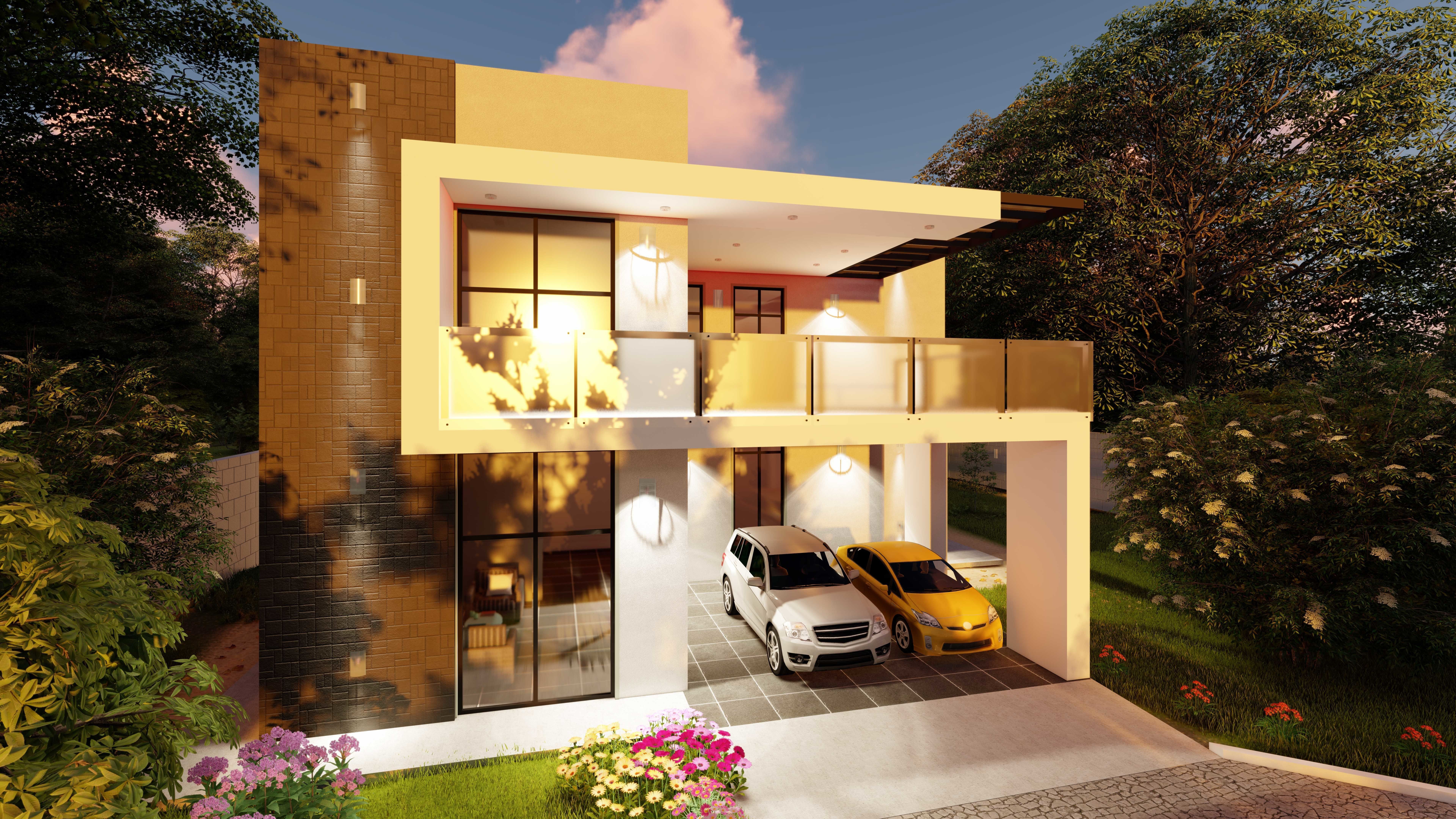 3D Home 3 modern house with two cars parked in front Free 3D model_2