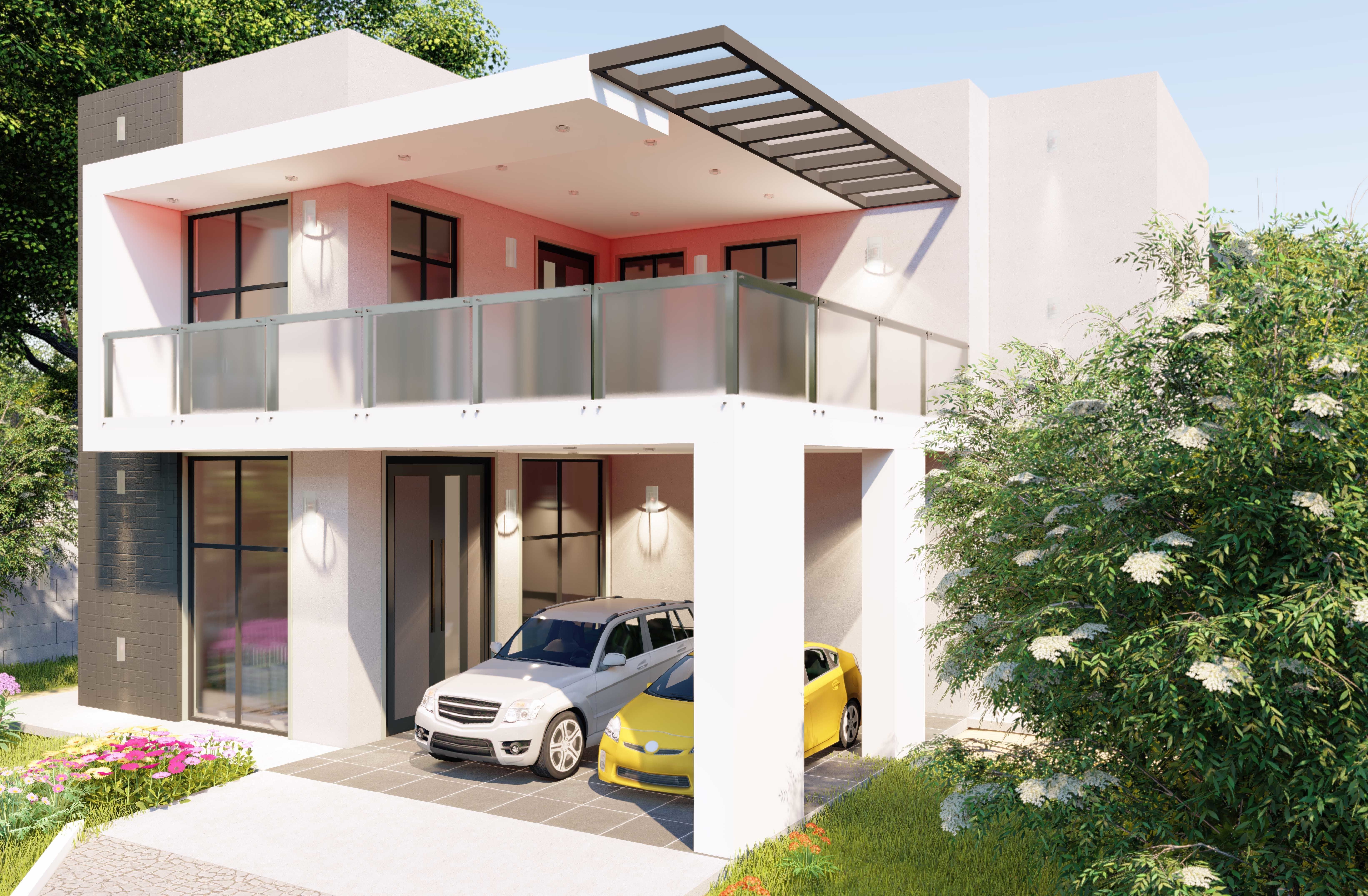 3D Home 3 modern house with two cars parked in front Free 3D model_1
