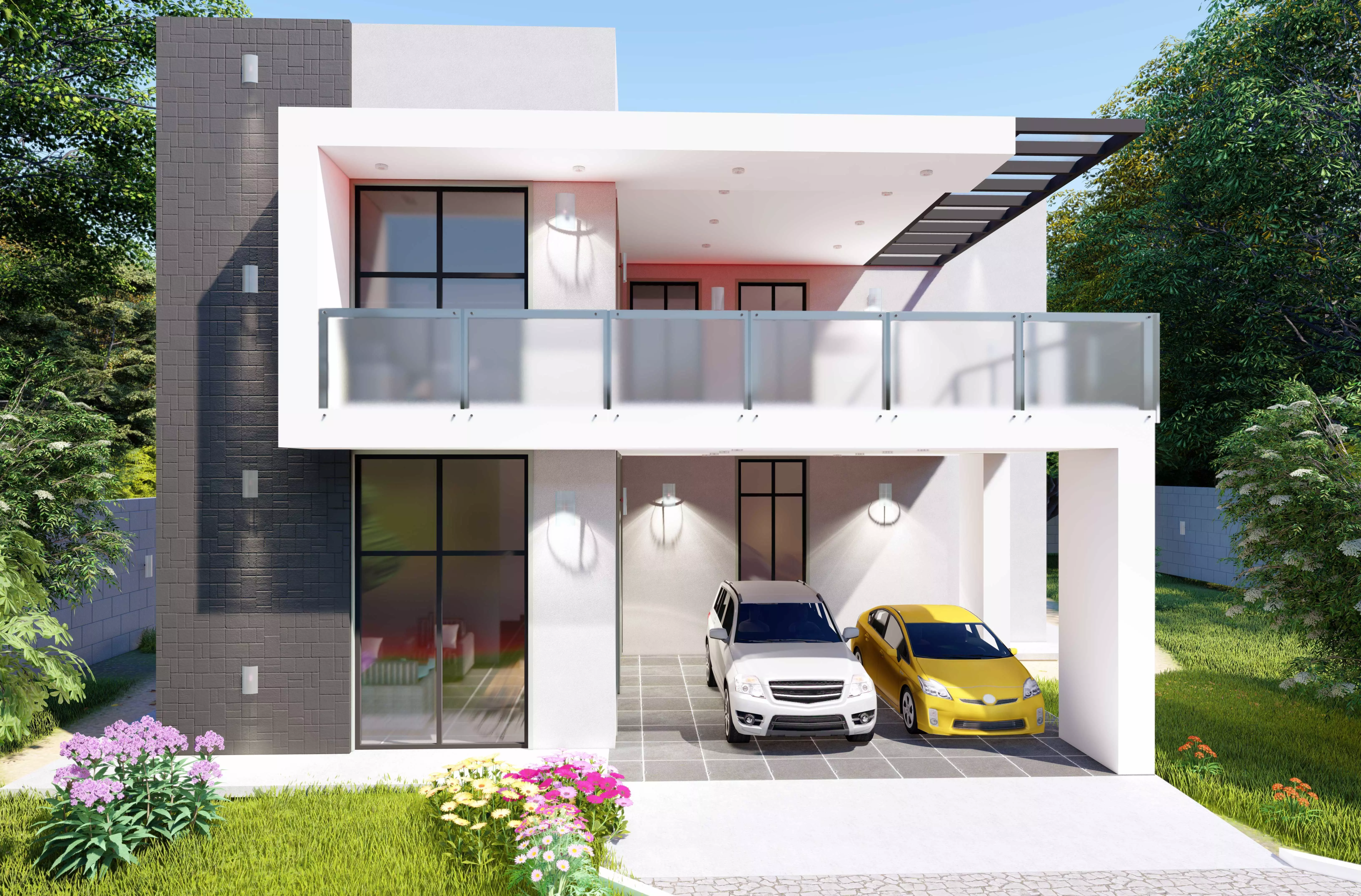 3D Home 3 modern house with two cars parked in front Free 3D model_0