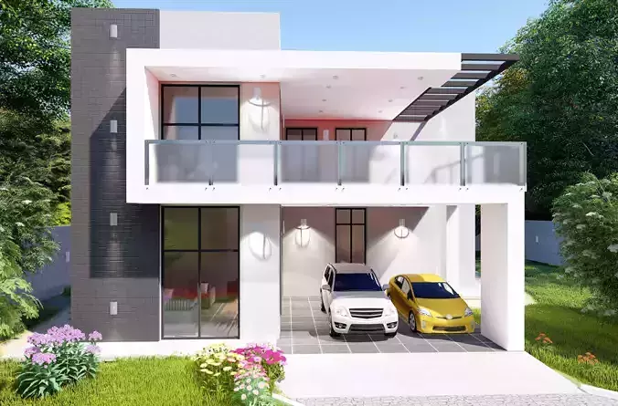 3D Home 3 modern house with two cars parked in front