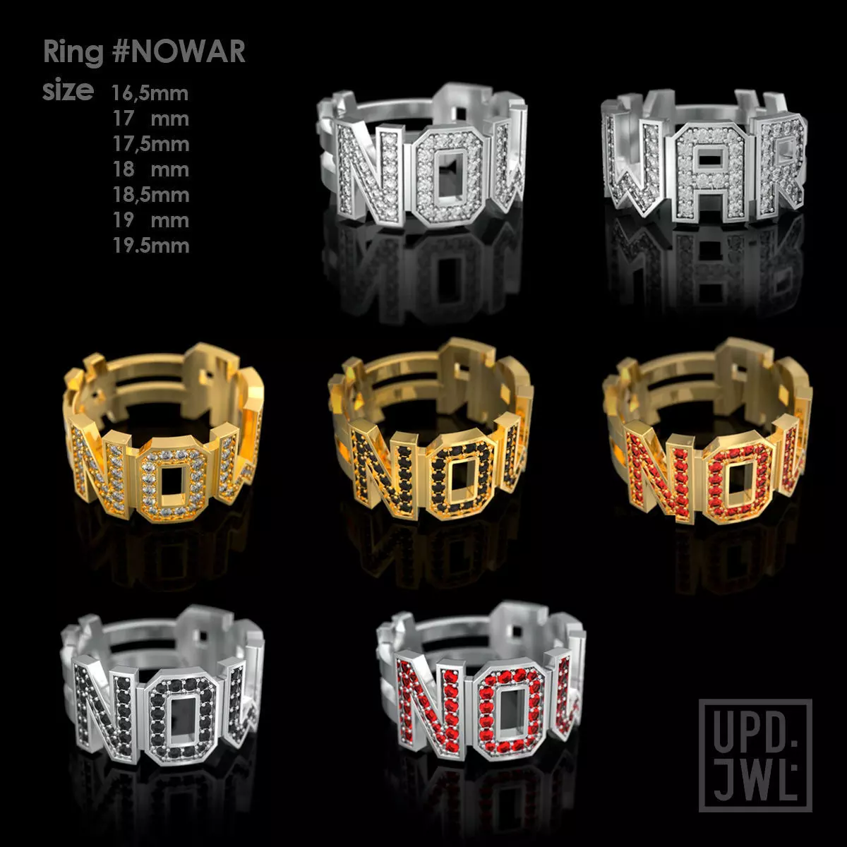Pack Ring NO WAR with gems all sizes 3D Model Collection_0