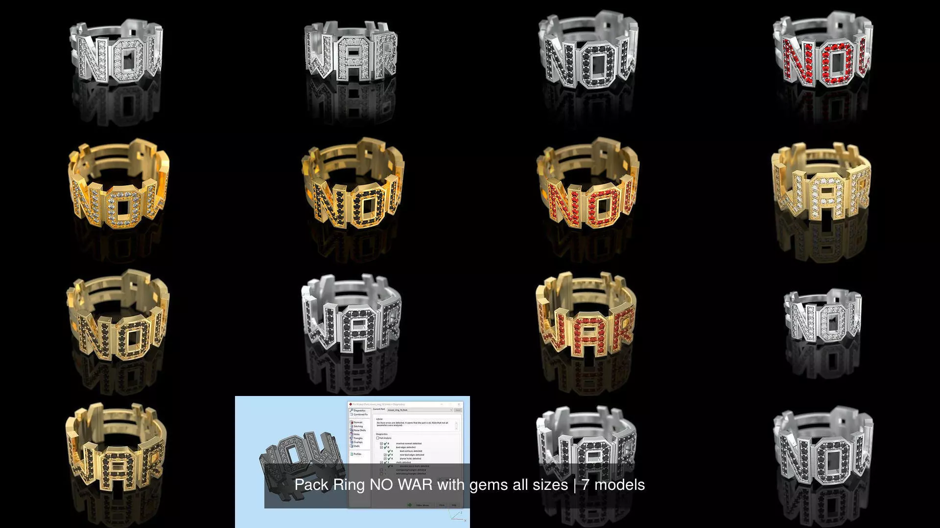 Pack Ring NO WAR with gems all sizes 3D Model Collection_1