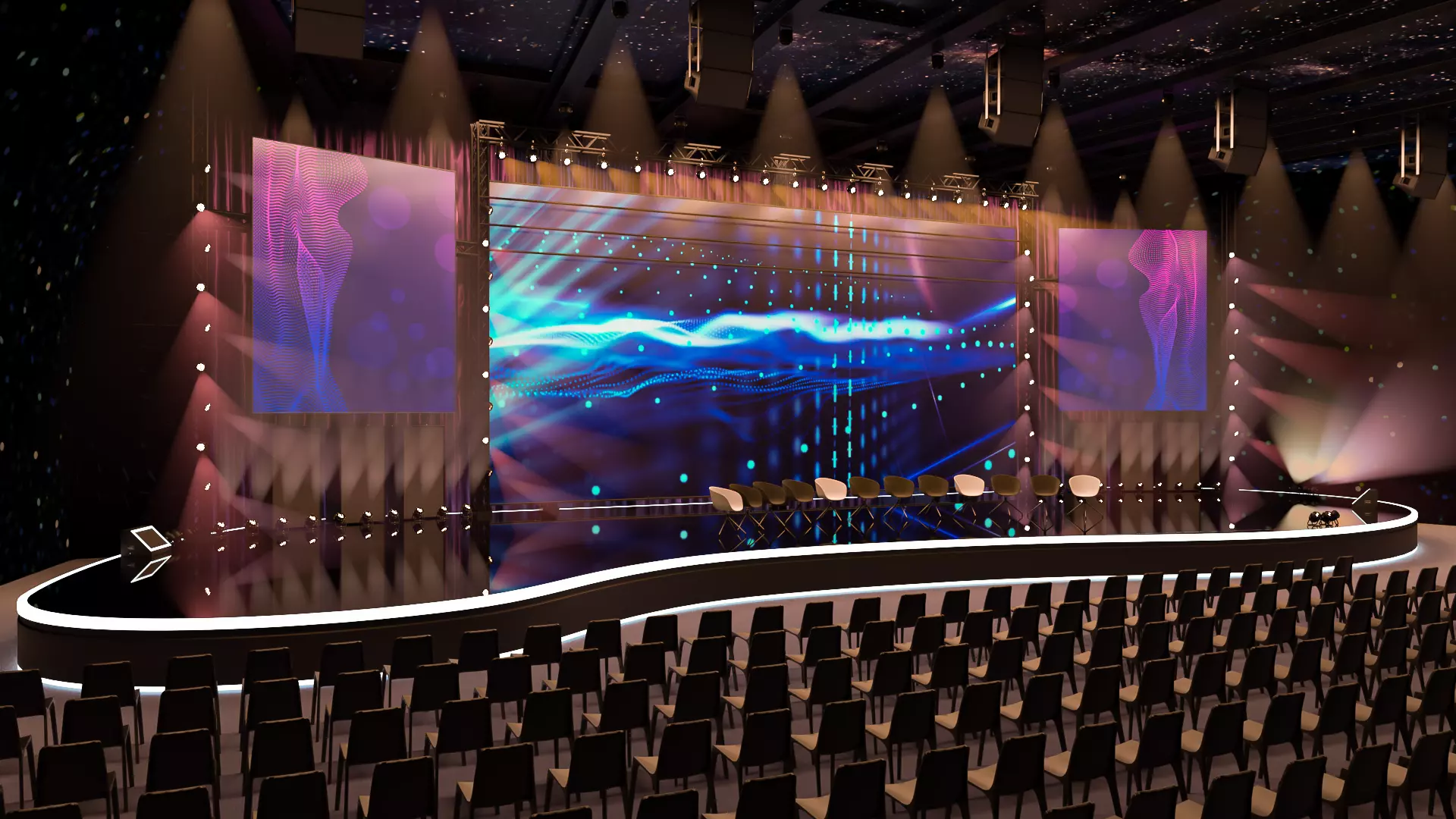 Stage with lights and chairs 3D model