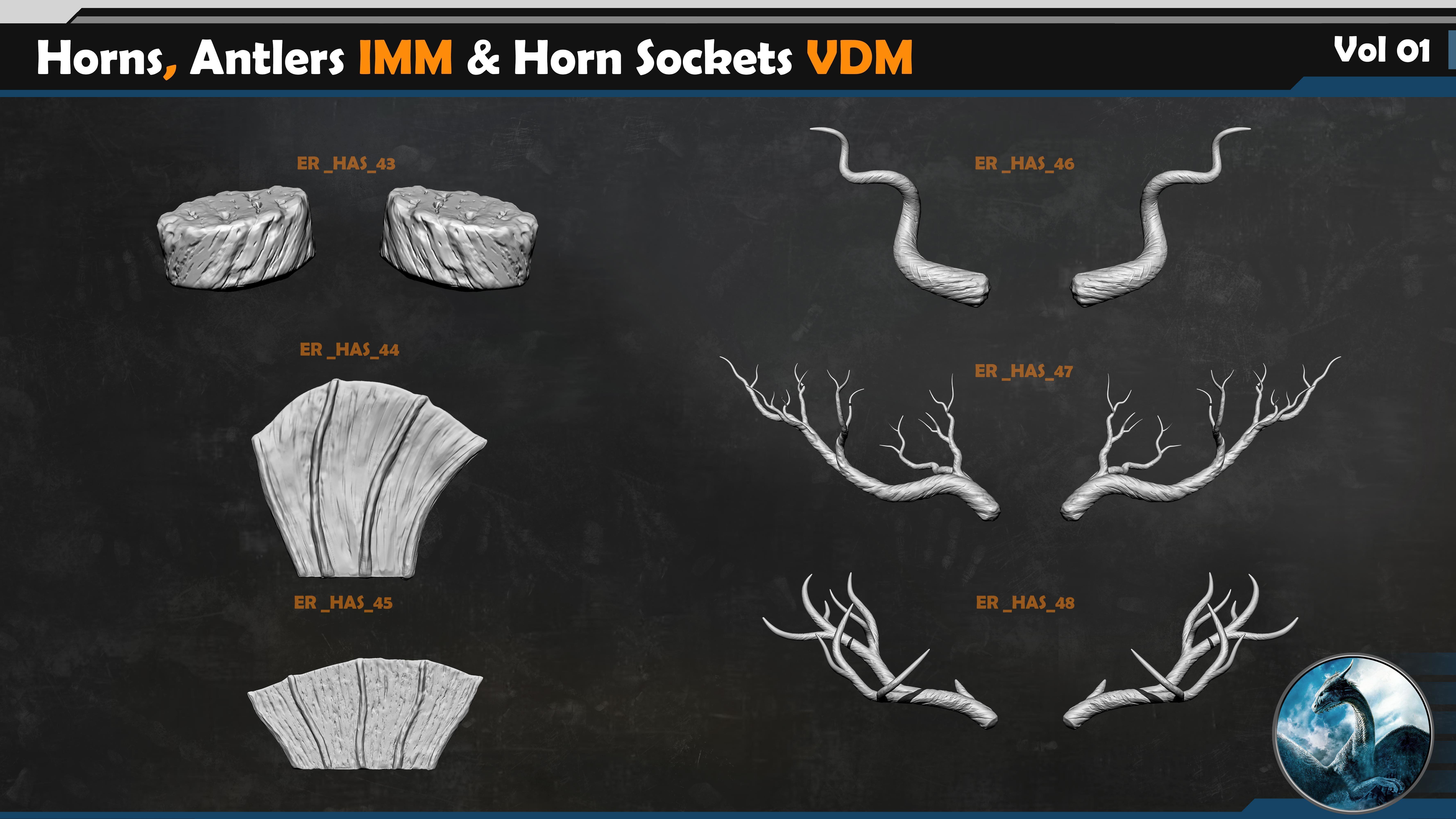 50 Horns Antlers IMM - Horn Sockets VDM Vol 01 Low-poly 3D model_10