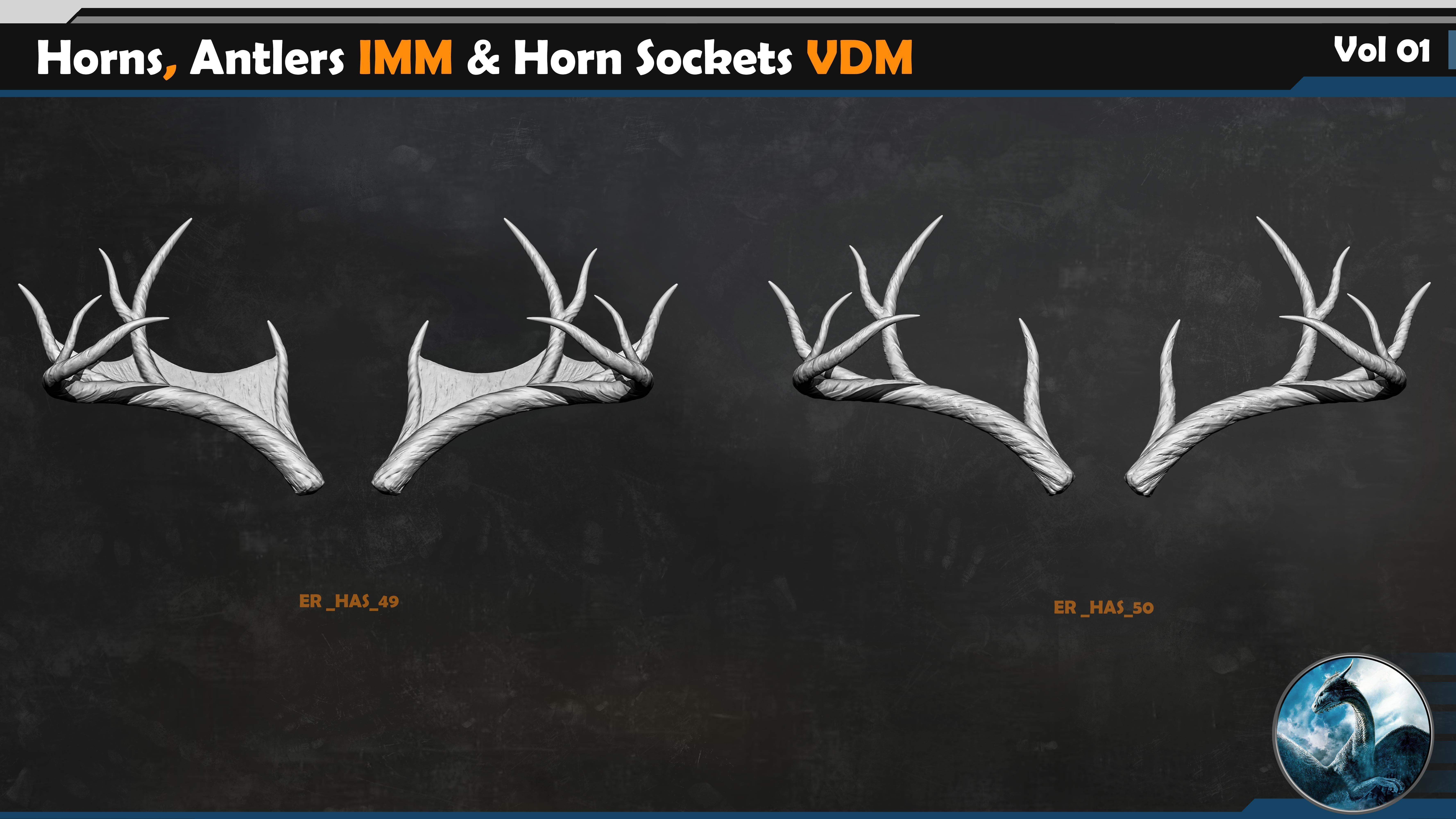 50 Horns Antlers IMM - Horn Sockets VDM Vol 01 Low-poly 3D model_11