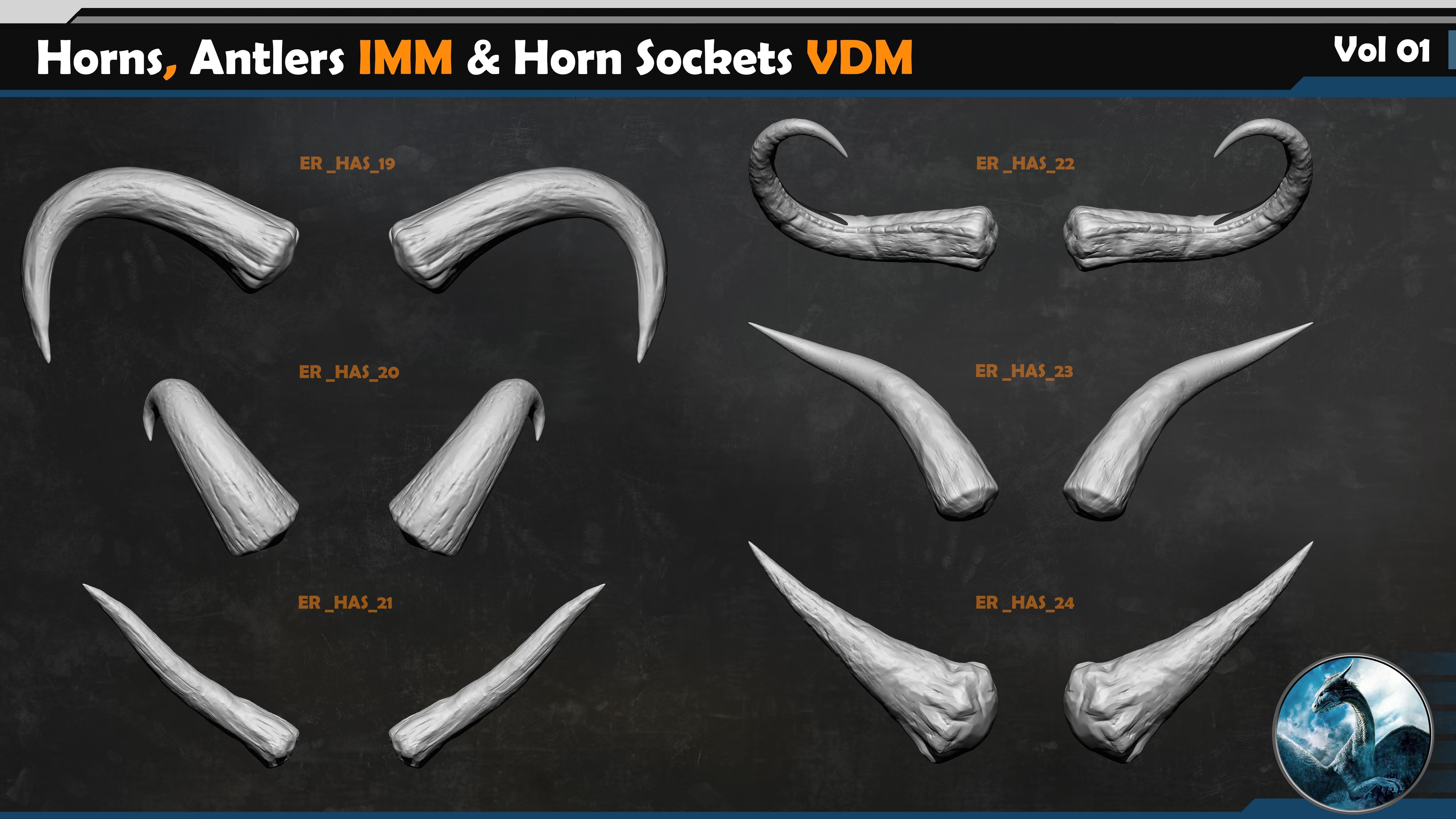 50 Horns Antlers IMM - Horn Sockets VDM Vol 01 Low-poly 3D model_6