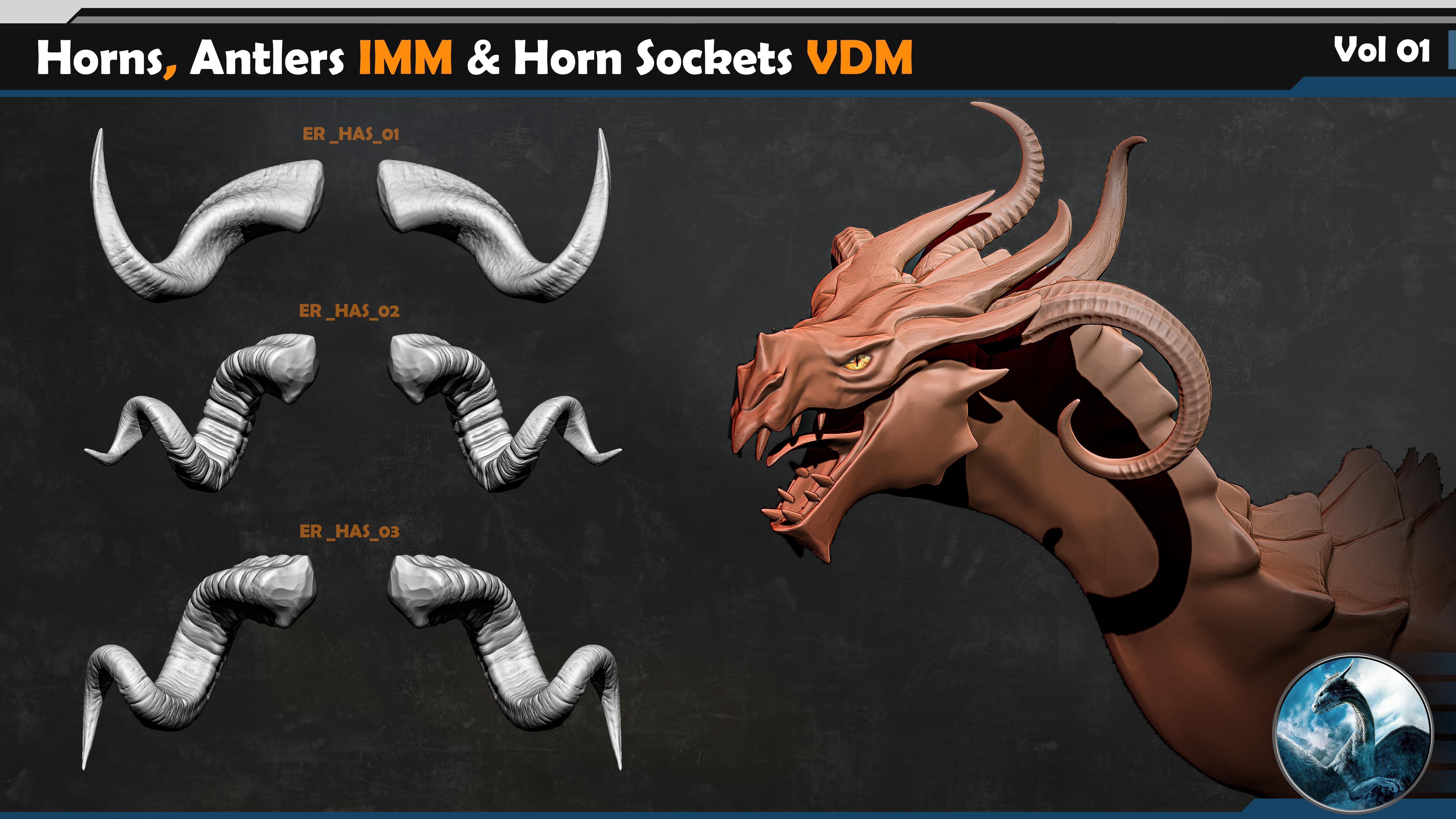 50 Horns Antlers IMM - Horn Sockets VDM Vol 01 Low-poly 3D model_1