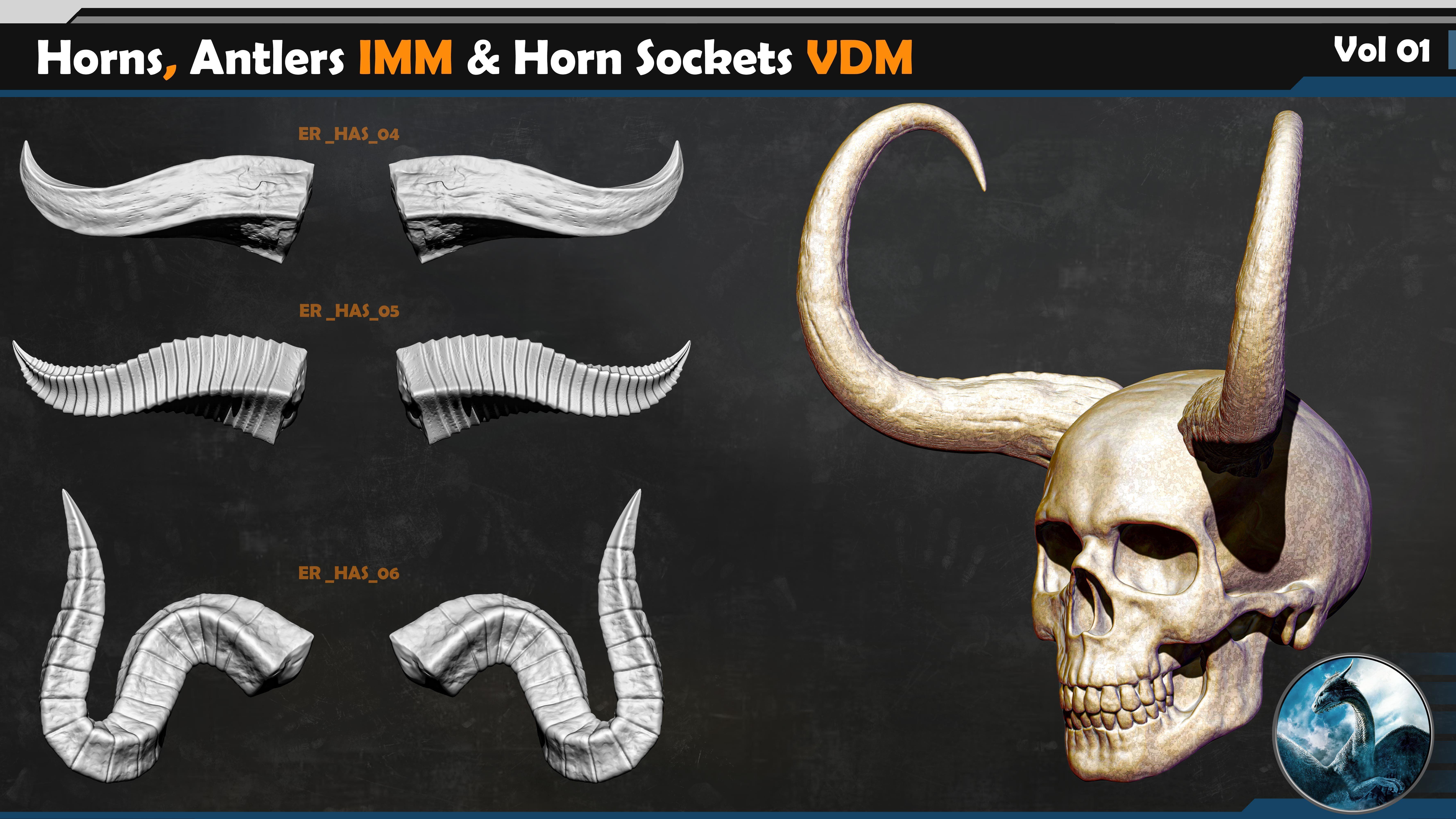 50 Horns Antlers IMM - Horn Sockets VDM Vol 01 Low-poly 3D model_2