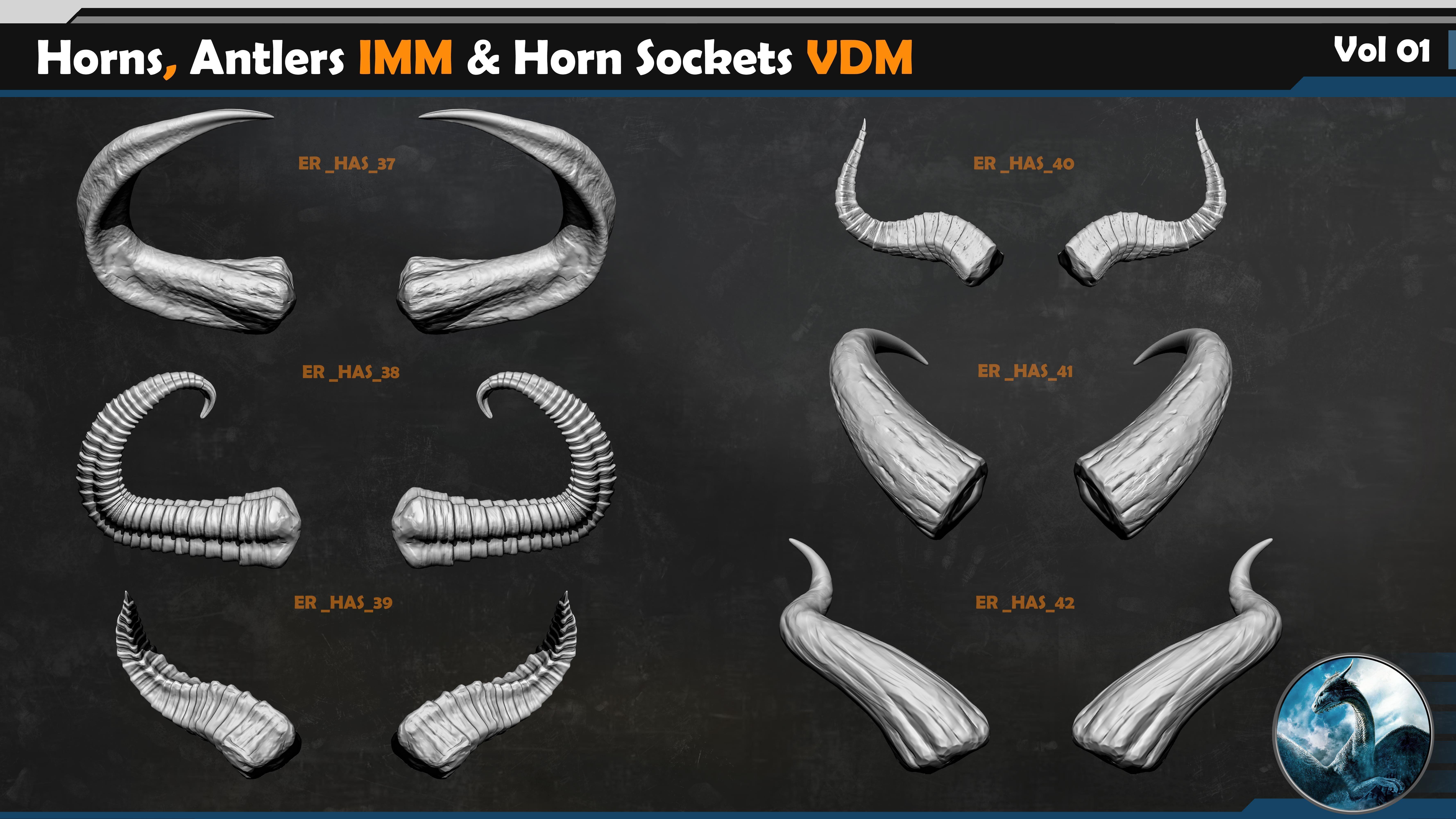 50 Horns Antlers IMM - Horn Sockets VDM Vol 01 Low-poly 3D model_9