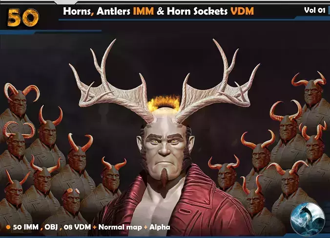 50 Horns Antlers IMM - Horn Sockets VDM Vol 01 Low-poly 3D model