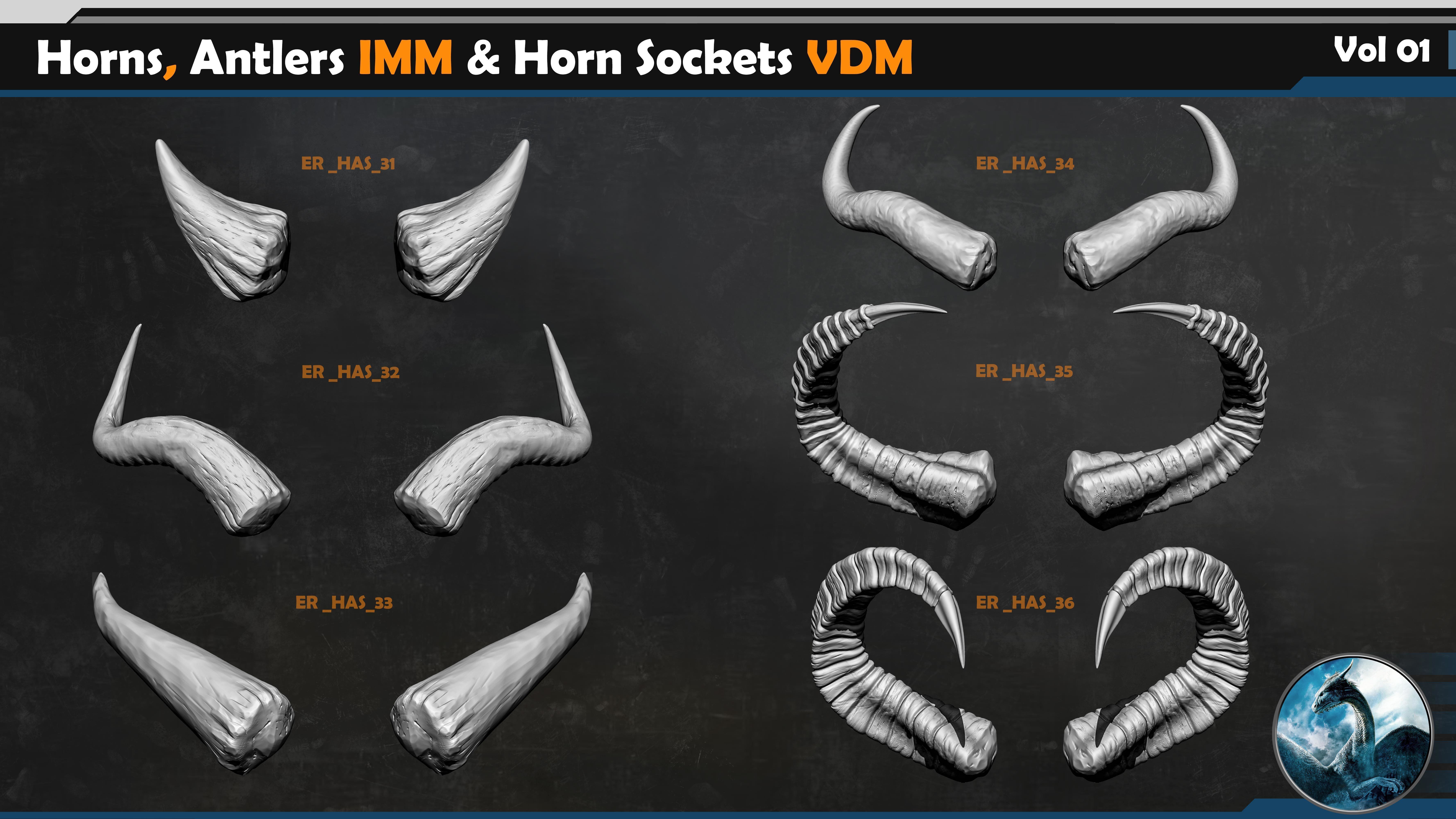 50 Horns Antlers IMM - Horn Sockets VDM Vol 01 Low-poly 3D model_8