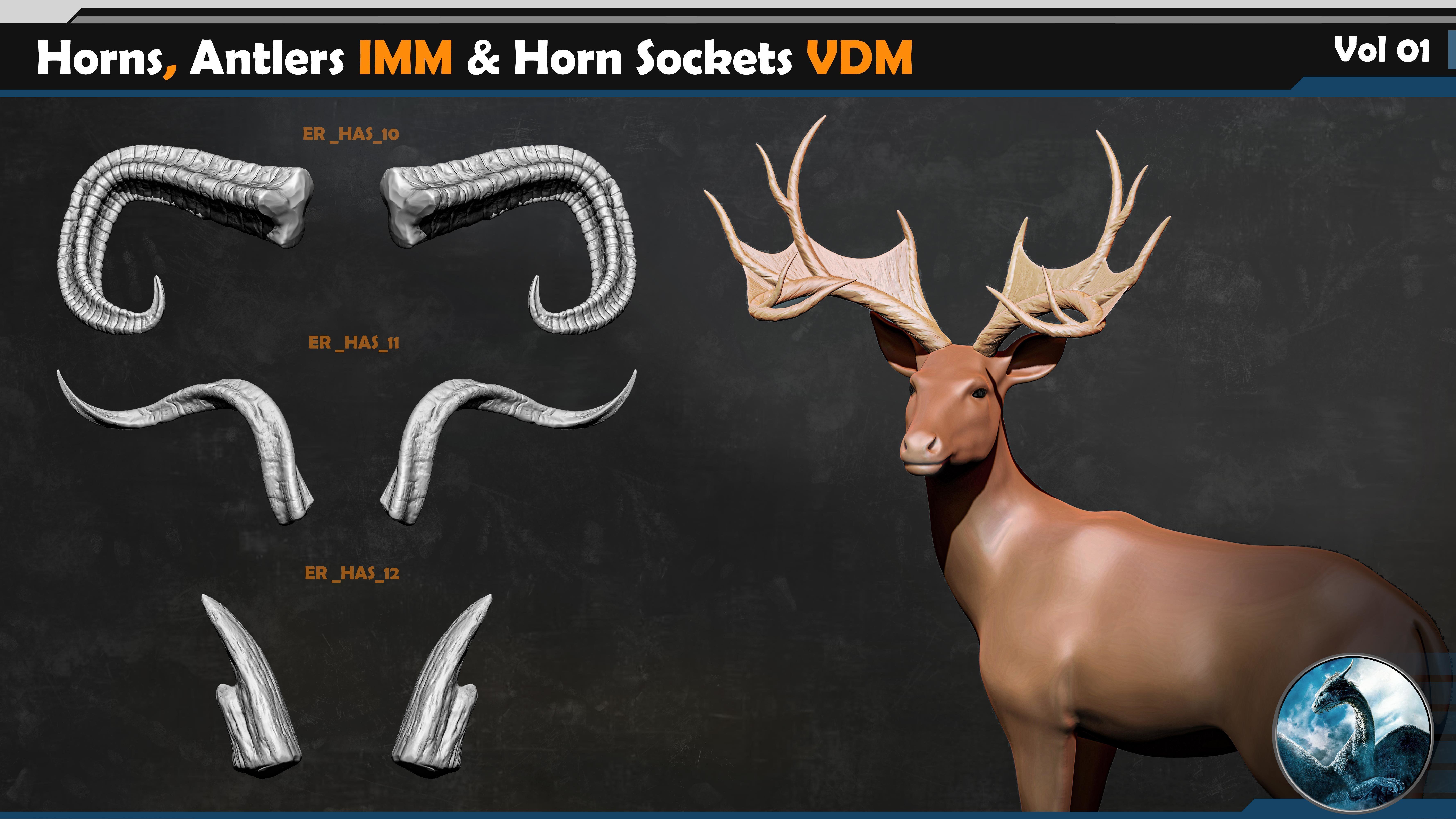 50 Horns Antlers IMM - Horn Sockets VDM Vol 01 Low-poly 3D model_4