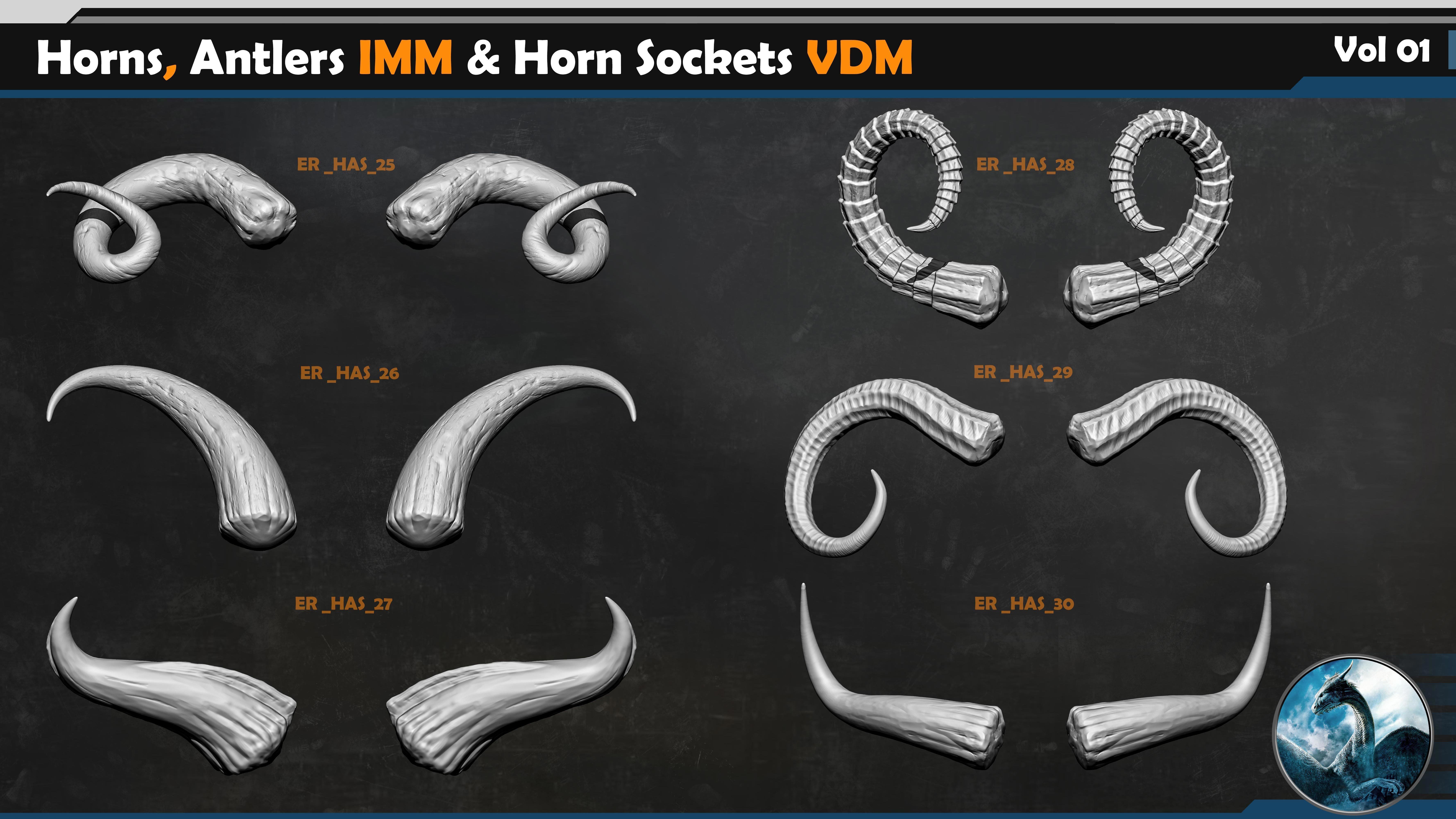 50 Horns Antlers IMM - Horn Sockets VDM Vol 01 Low-poly 3D model_7