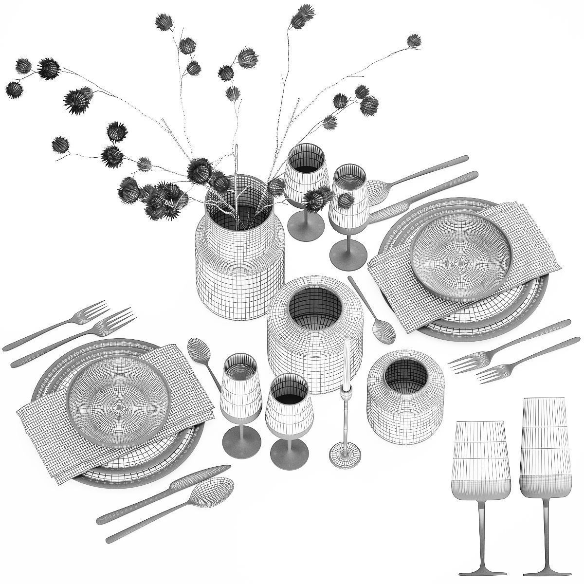 table setting for 2 persons with a bouquet of dried flowers 3D model_5