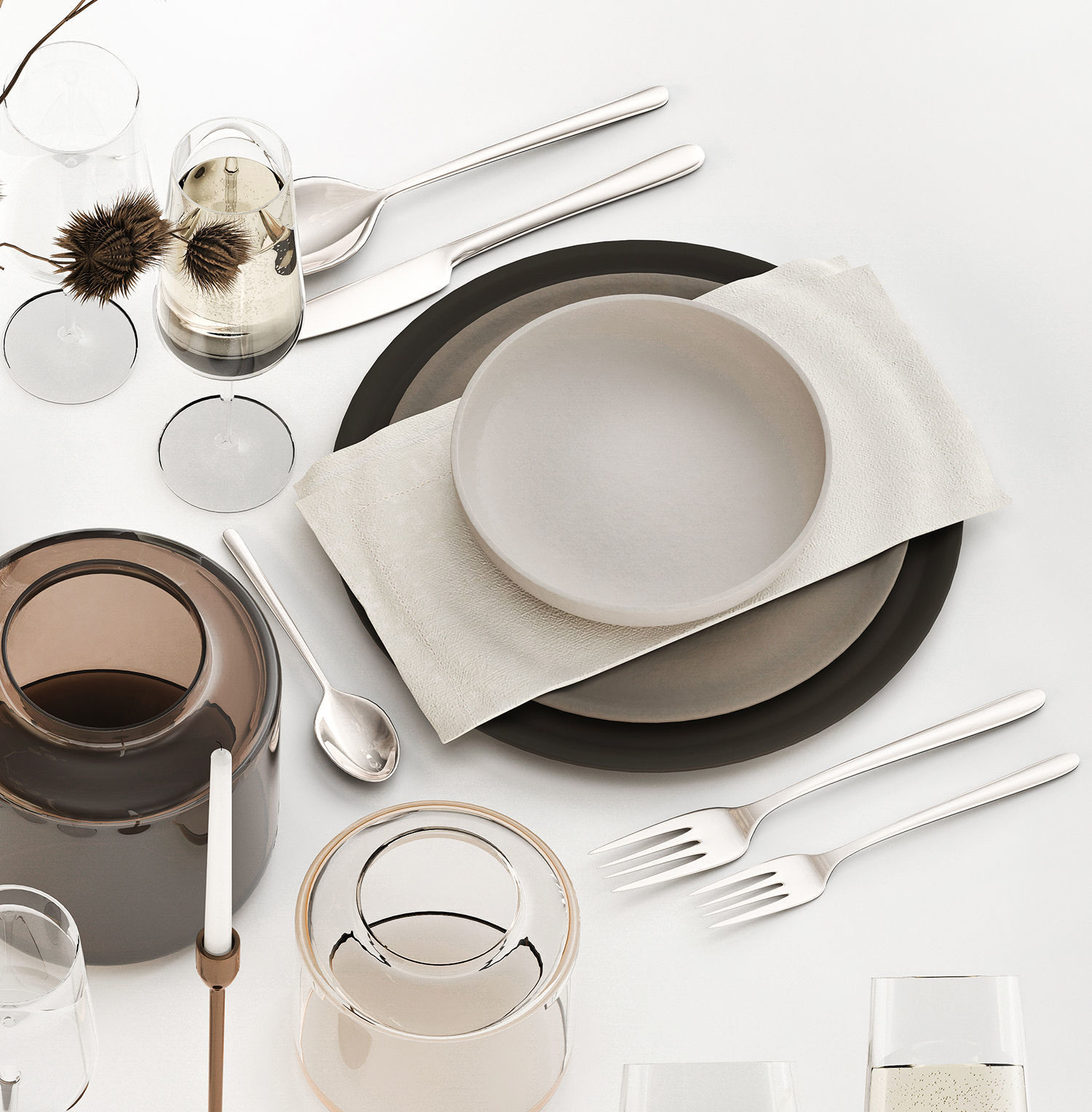  table setting for 2 persons with a bouquet of dried flowers 3D model_3