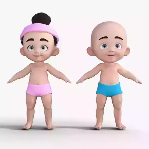 Cute Baby Boy and Girl 3D Cartoon Model