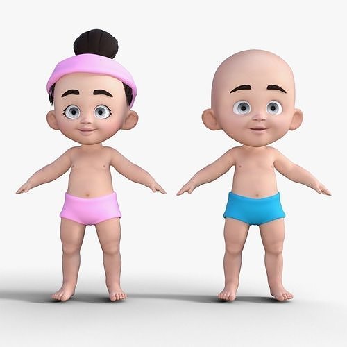 Cute Baby Boy and Girl 3D Cartoon Model Low-poly 3D model