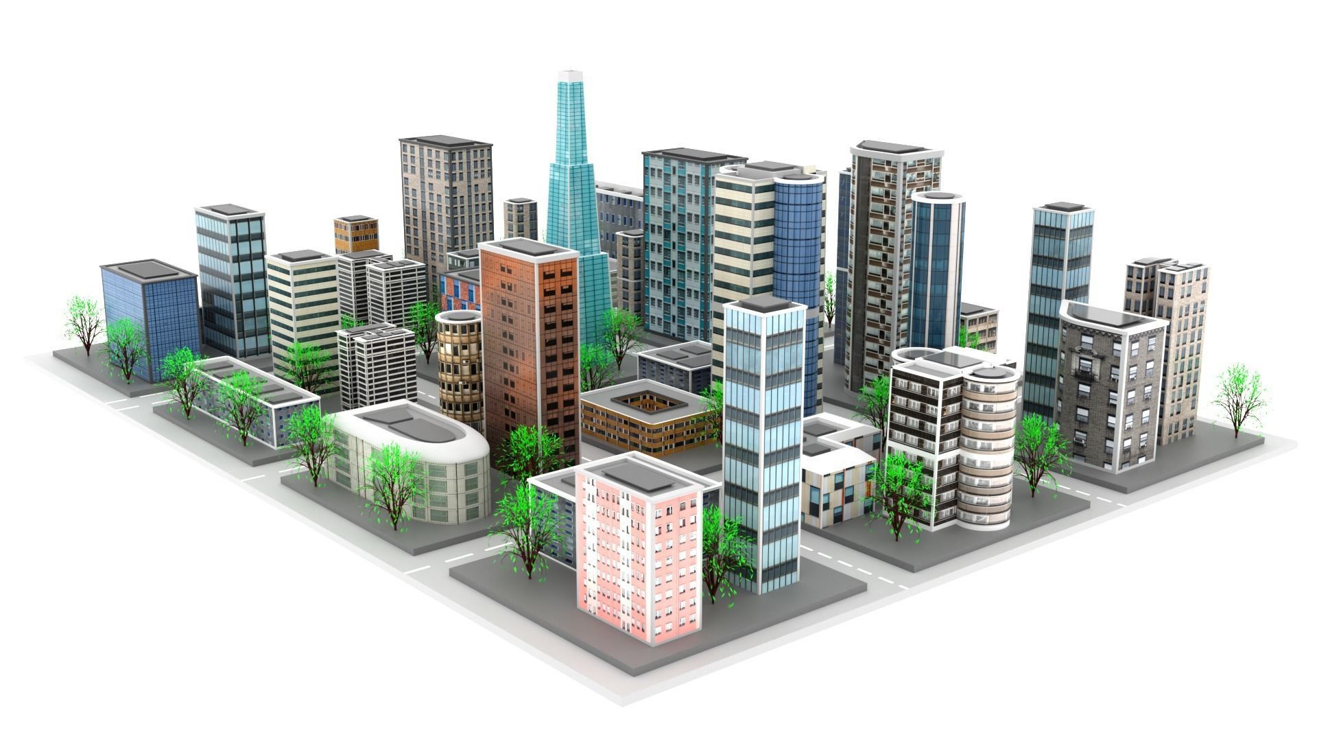 Low Poly City with buildings and trees Low-poly 3D model_1