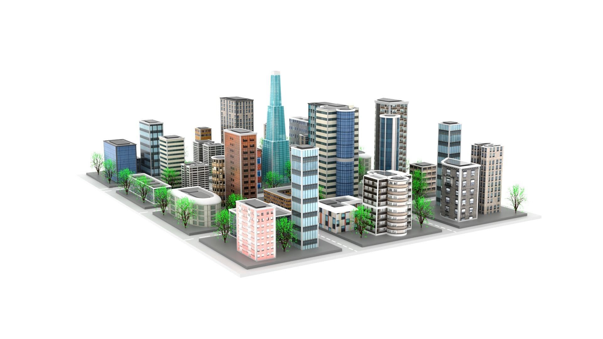 Low Poly City with buildings and trees Low-poly 3D model_5