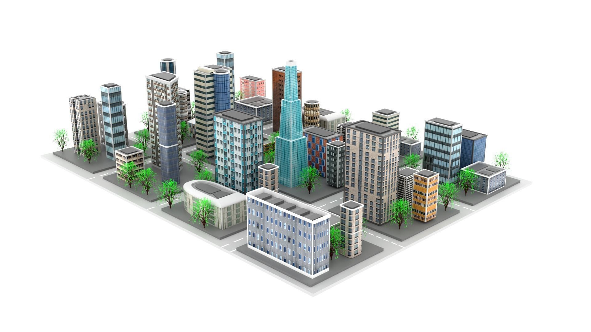 Low Poly City with buildings and trees Low-poly 3D model_3