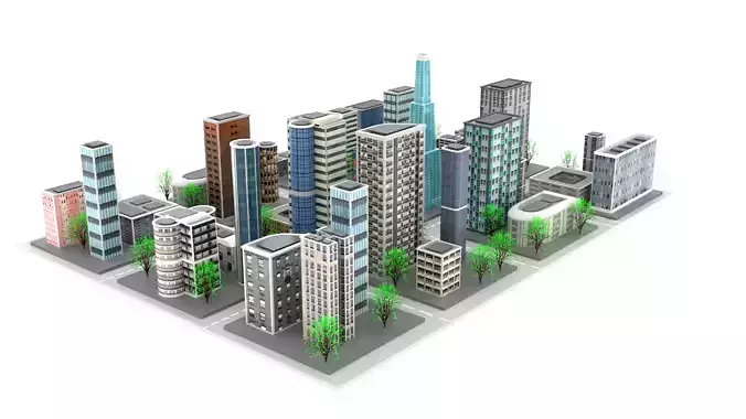 Low Poly City with buildings and trees
