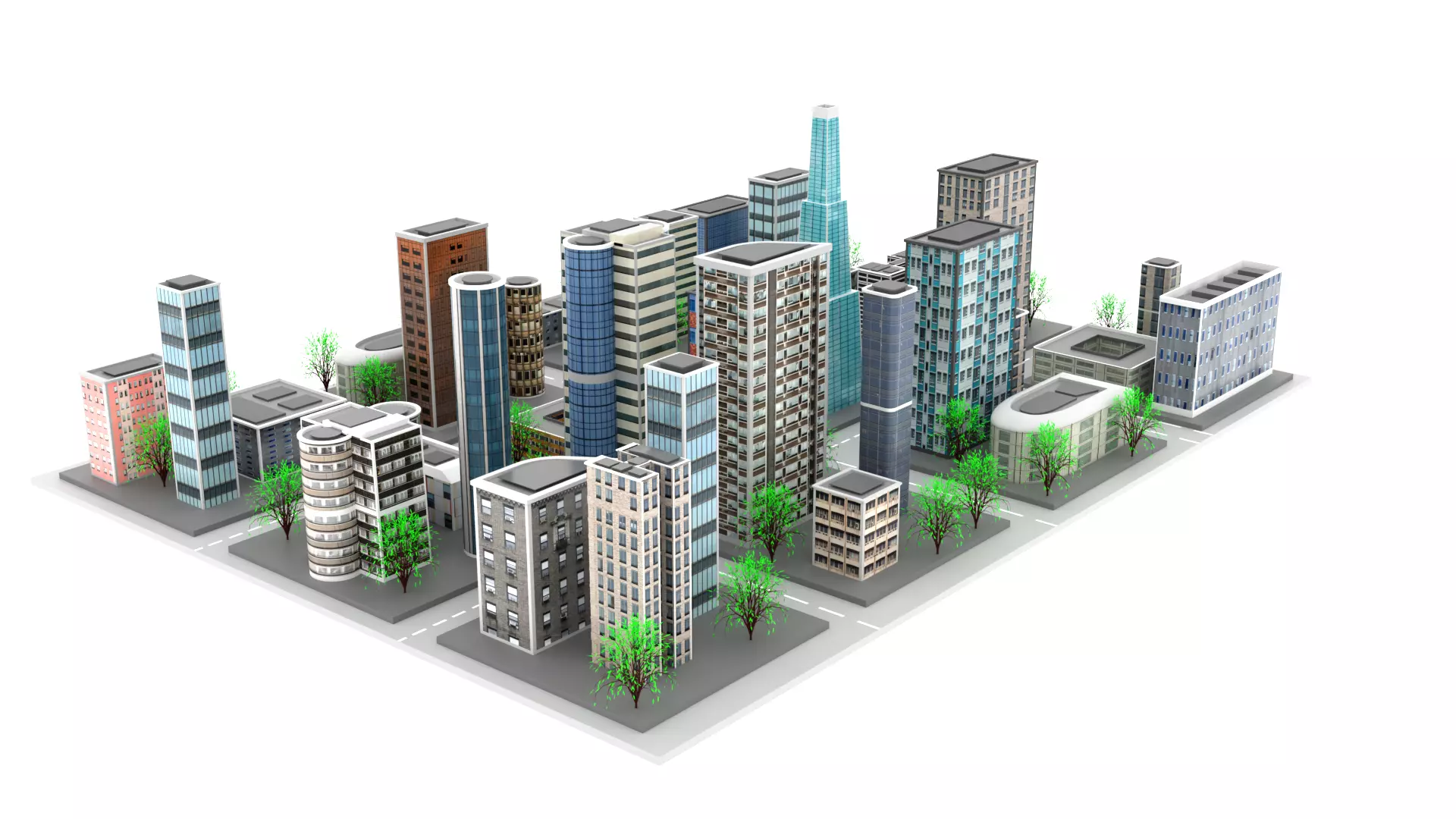 Low Poly City with buildings and trees Low-poly 3D model_0