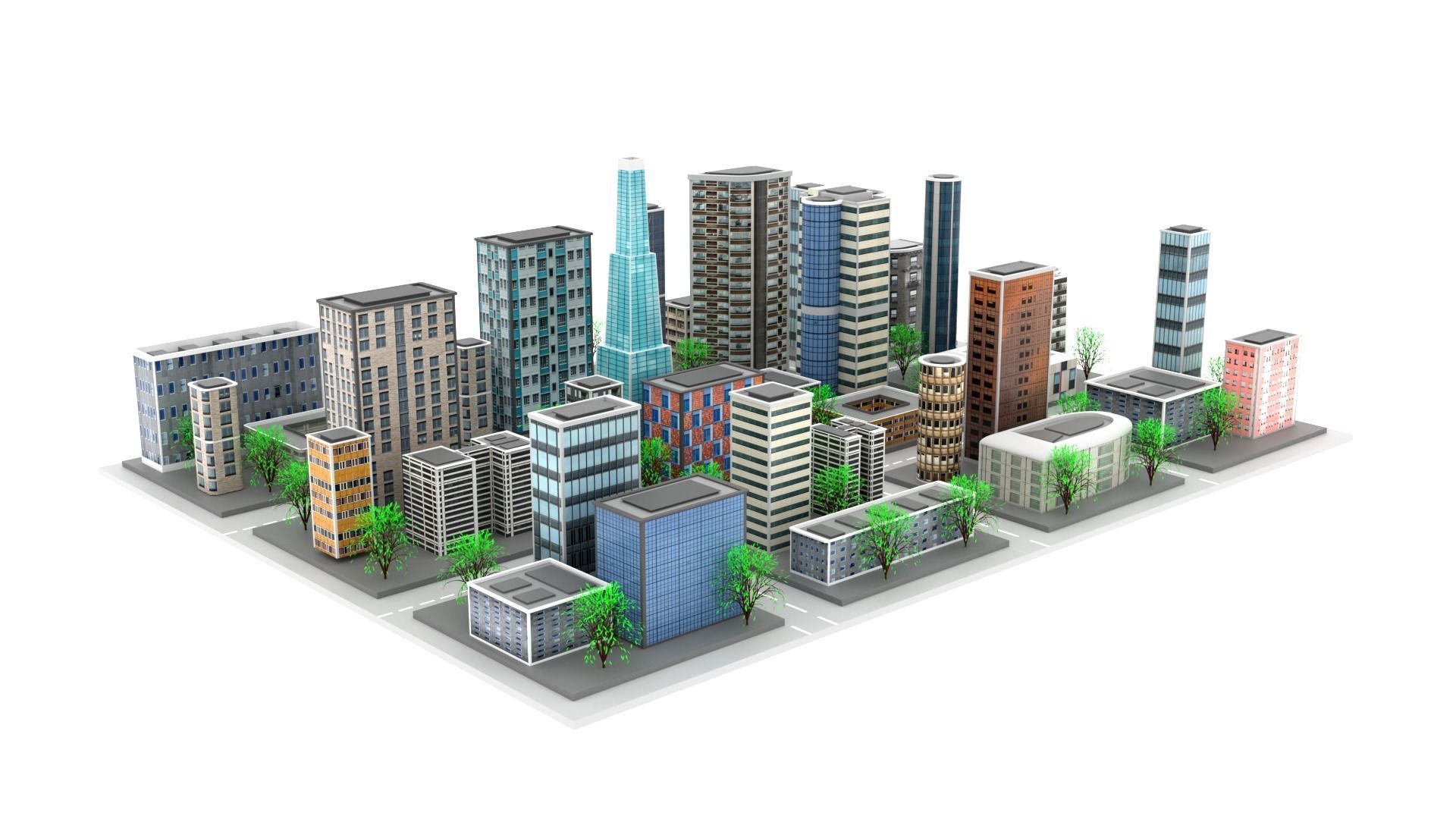 Low Poly City with buildings and trees Low-poly 3D model_2