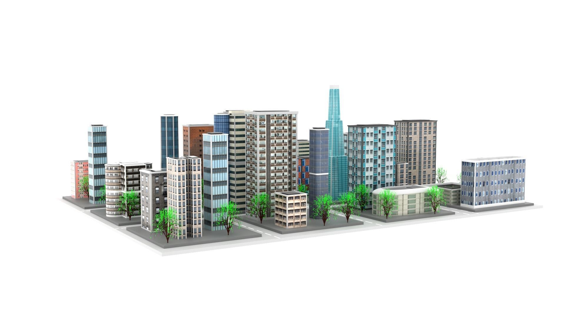 Low Poly City with buildings and trees Low-poly 3D model_4