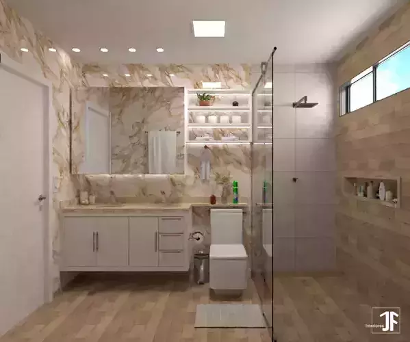 Bathroom with marble walls and wooden floors