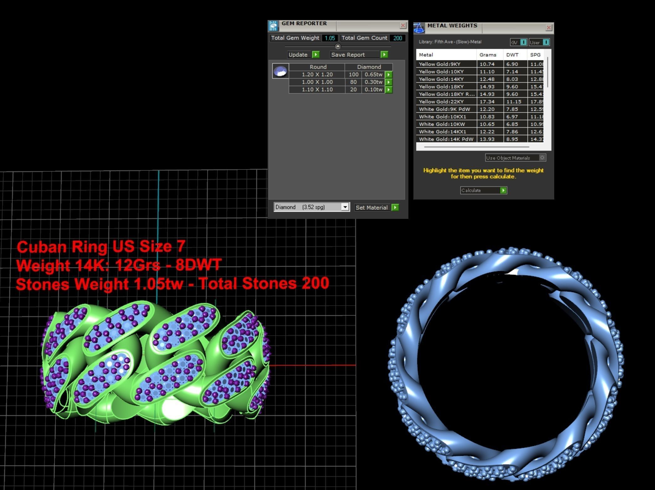 Cuban Link Ring with Double Line of Stones - Size 7 3D print model_2