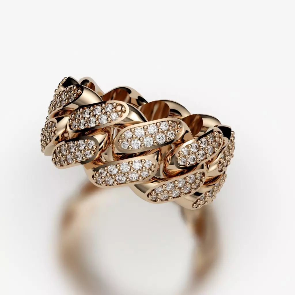 Cuban Link Ring with Double Line of Stones - Size 7 3D print model_0