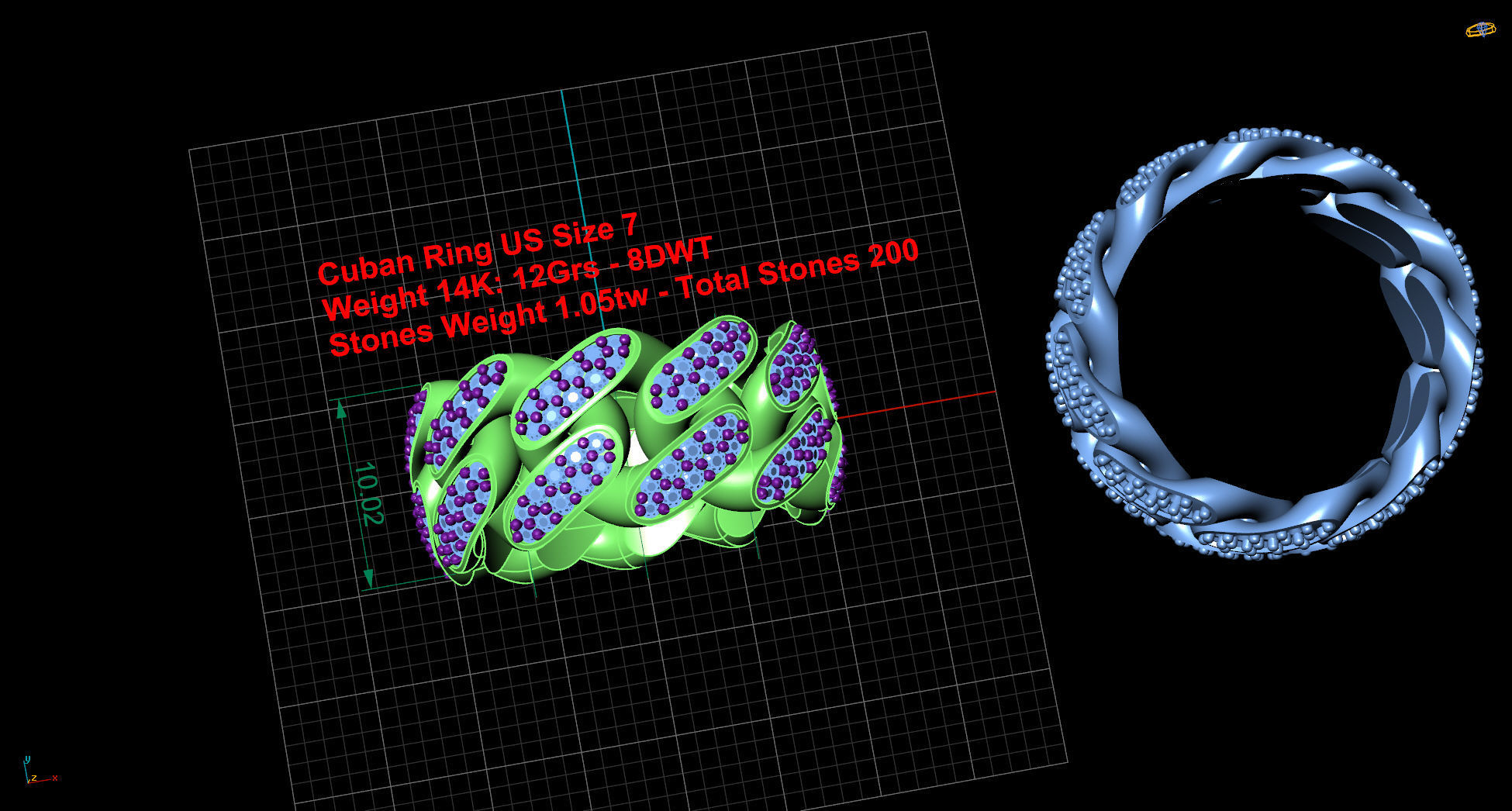 Cuban Link Ring with Double Line of Stones - Size 7 3D print model_5